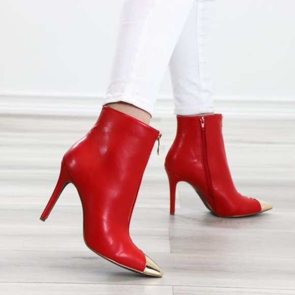 Ankle Red Boots Faux Leather Gold Pointy Toe - Picture 7 of 14